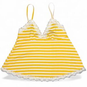 Y2K Lace Trim Yellow Striped Cami XS Coquette Preppy Babydoll Tank Top Spring